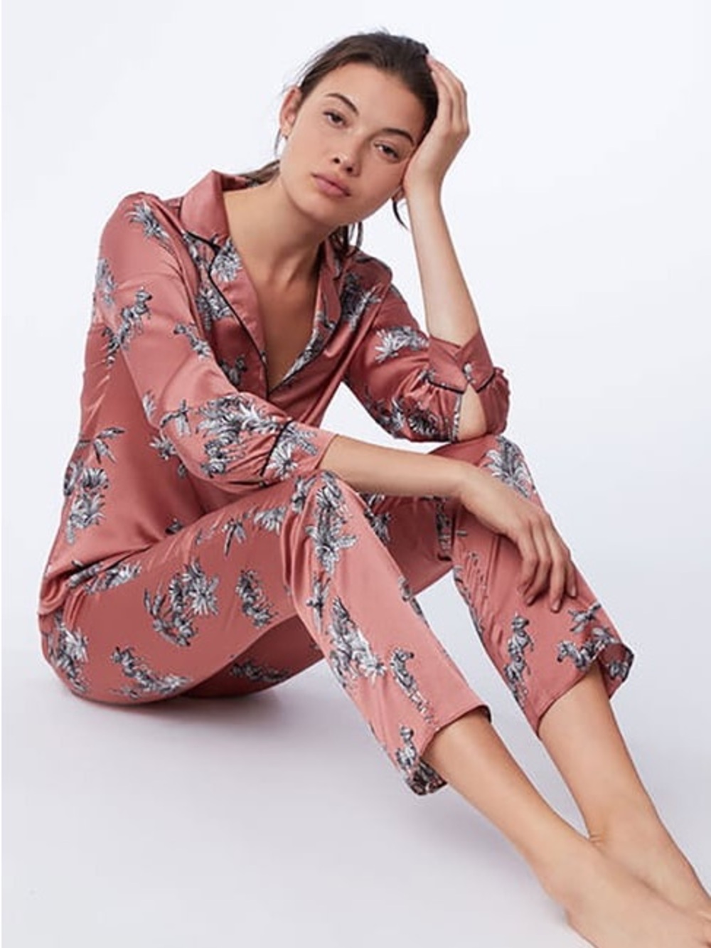 ETAM Paris Satin Zebra Palm Print Pajama Set Pink Dusty Rose Size M